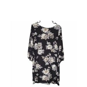 Old Navy Long Sleeve Black Floral Printed Wide Neck Lightweight Mini Dress sz L